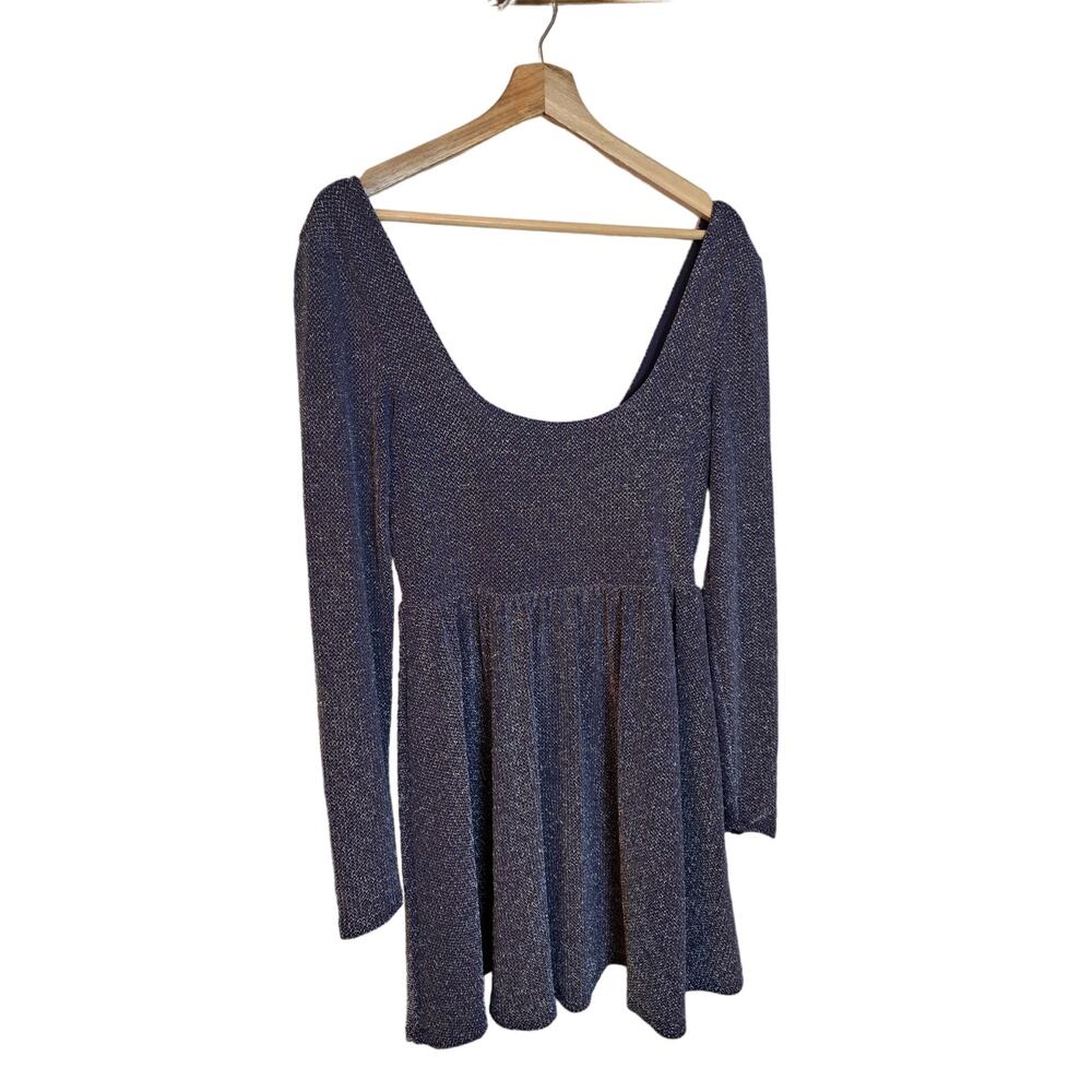 Free People Dark Blue Glitter Long Sleeve Mini Dress Scoop Sz S - Picture 2 of 7